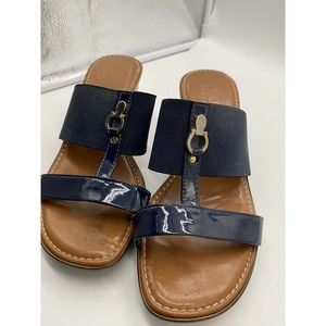 Italian Shoemakers Womens Size 6 Navy Wedge Sandals Double H Strap Stretch Nylon